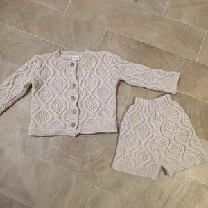 Beige Knit Cardigan and Shorts Set